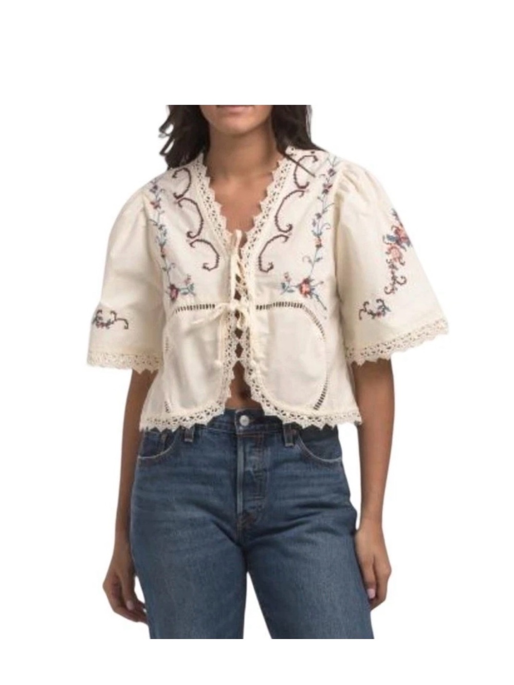 Cream Embroidered Lace-Trim Cropped Blouse100% cotton